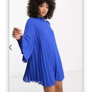 River Island Pleated High Neck Dress in Blue